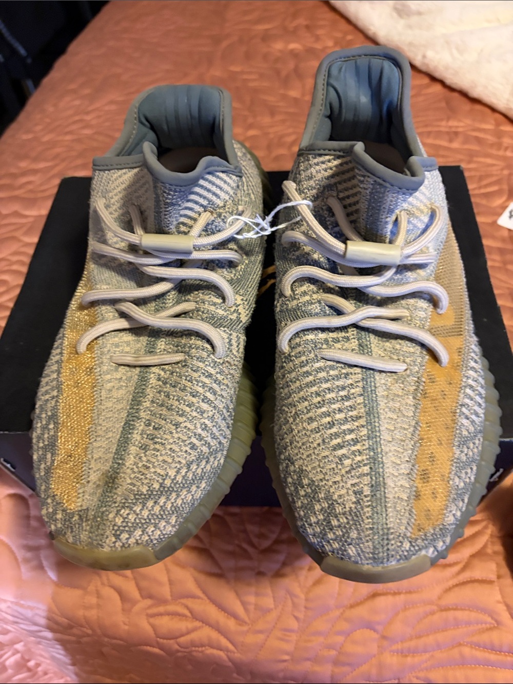 Yeezy Boost Men's size 9.5 Knit Lifestyle Sneakers in Sage and Mustard
